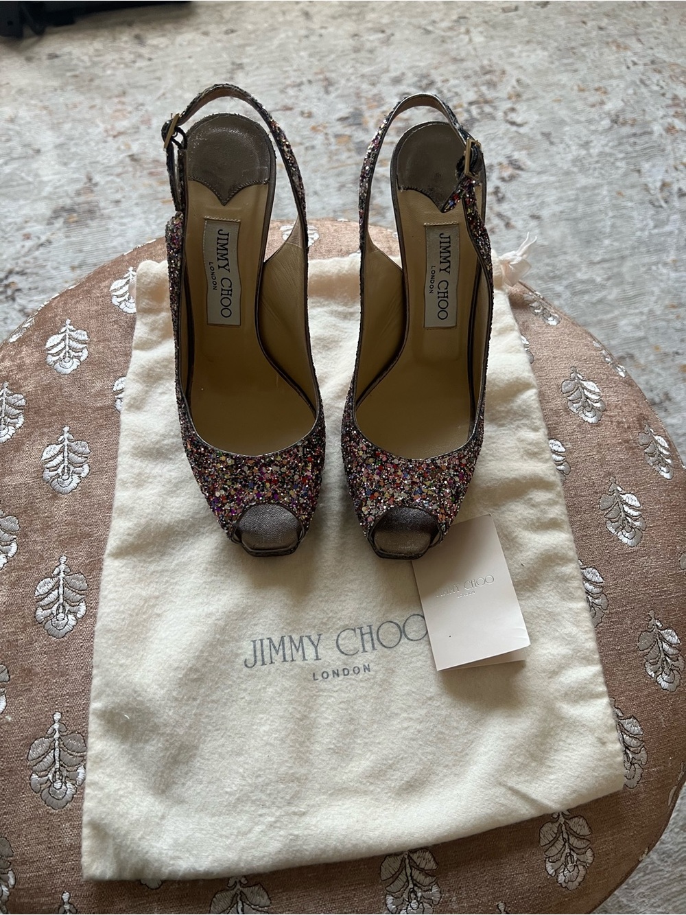 Jimmy Choo Multicolor Glitter Slingback Peep-Toe Heels with Metallic Accents